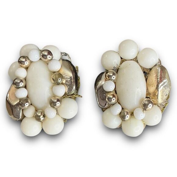 Vintage Classy Gold Toned White and Gold Beaded Cluster Clip On Earrings Marked - Picture 1 of 6